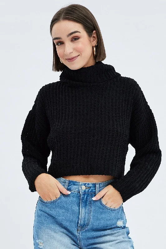 Black Knit Jumper Turtle Neck Chenille