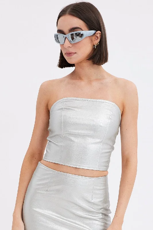 Metallic Corset Top Sleeveless Strapless Bandeau PU Silver