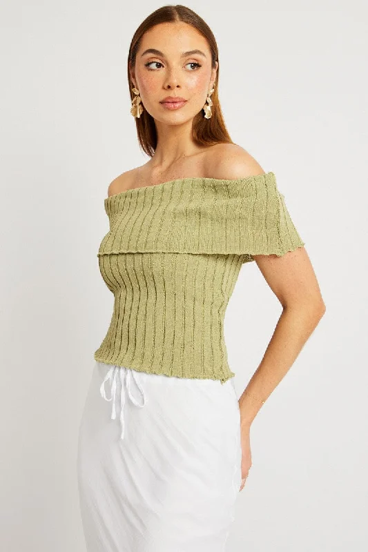 Green Off shoulder Knit Top