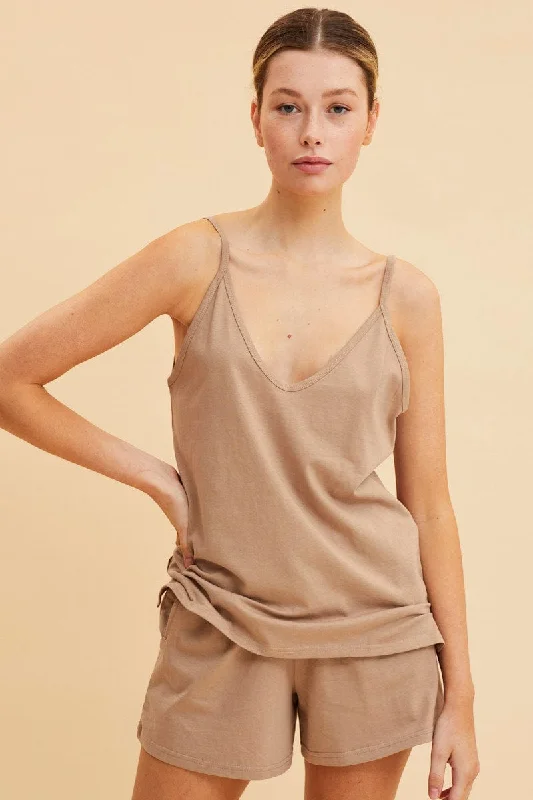 Beige V Neck Singlet Cotton Relaxed Fit