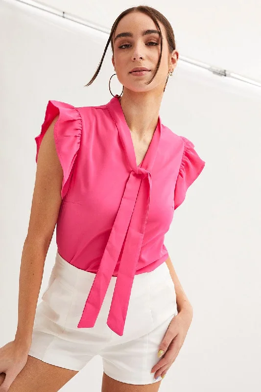 Pink Tie Front Ruffle Sleeve Top