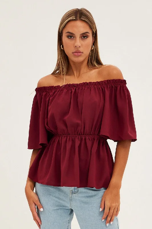 Red Top Short Sleeve Off Shoulder Longline Flutter