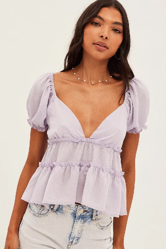 Lilac Ruffle V Neck Puff Sleeve Tiered Top