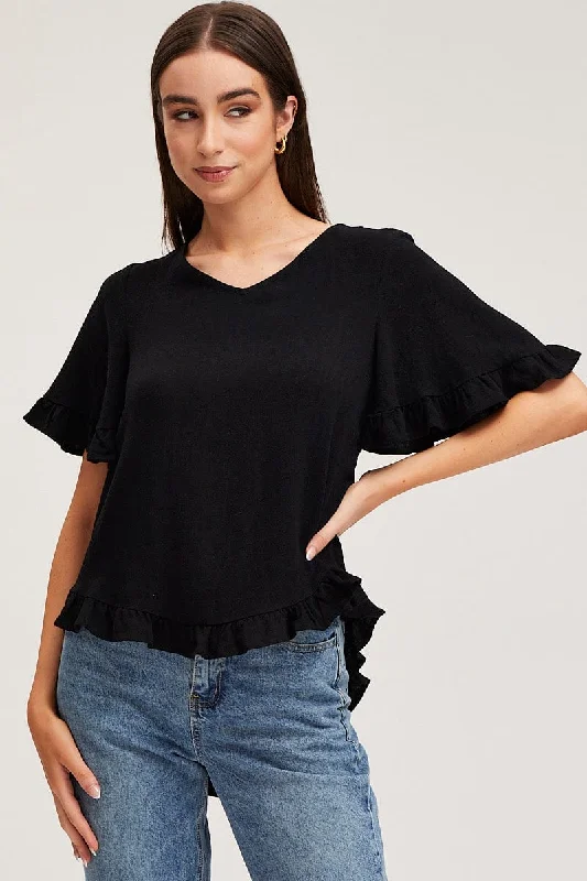 Black Frill Top Short Sleeve V-Neck