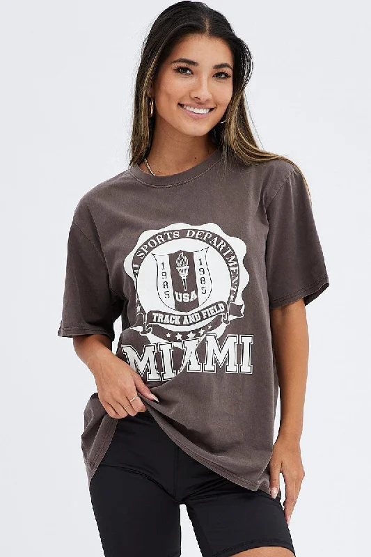 Brown T Shirt Short Sleeve Round Neck Miami