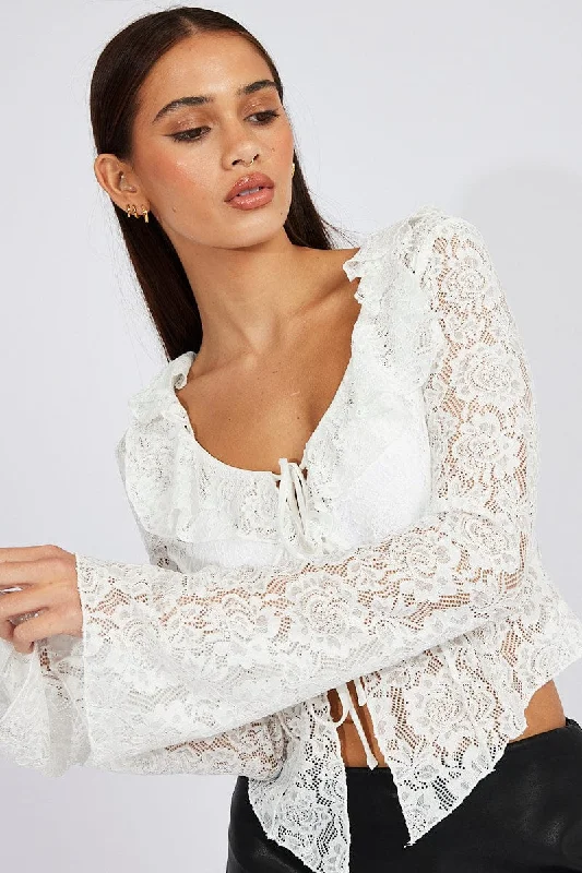 White Lace Tie Up Top Long Sleeve