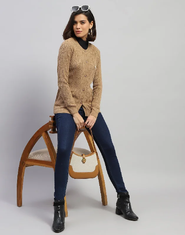 Women Brown Self Design Round Neck Full Sleeve Cardigan