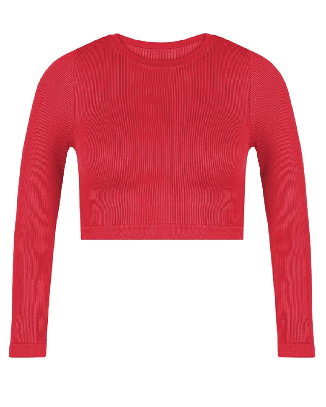 EVOKE Ribbed Long-Sleeve Crop Top | Cerise