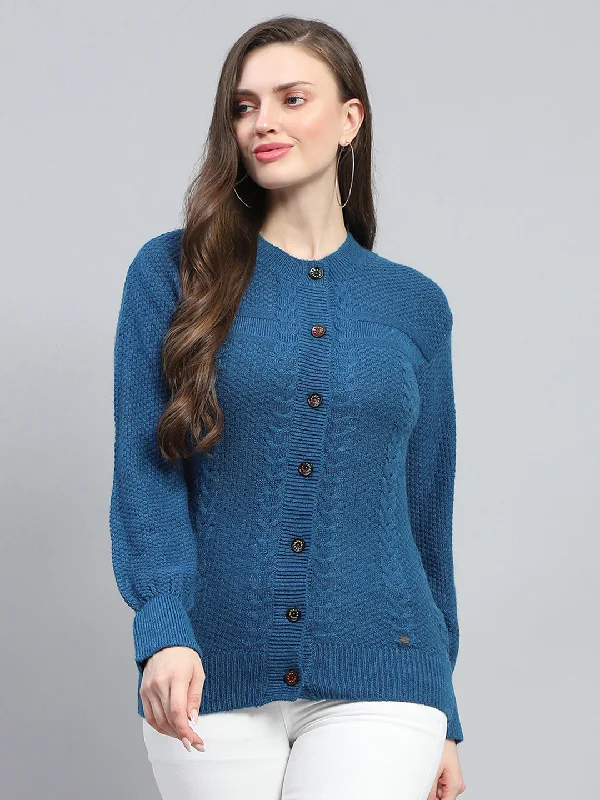 Women Blue Self Design Round Neck Full Sleeve Cardigan