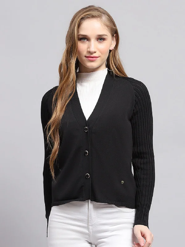 Women Black Solid V Neck Full Sleeve Cardigan