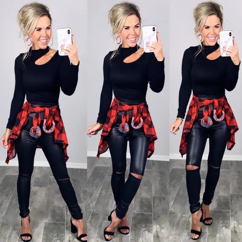 High Waisted Slit Faux Leather Leggings