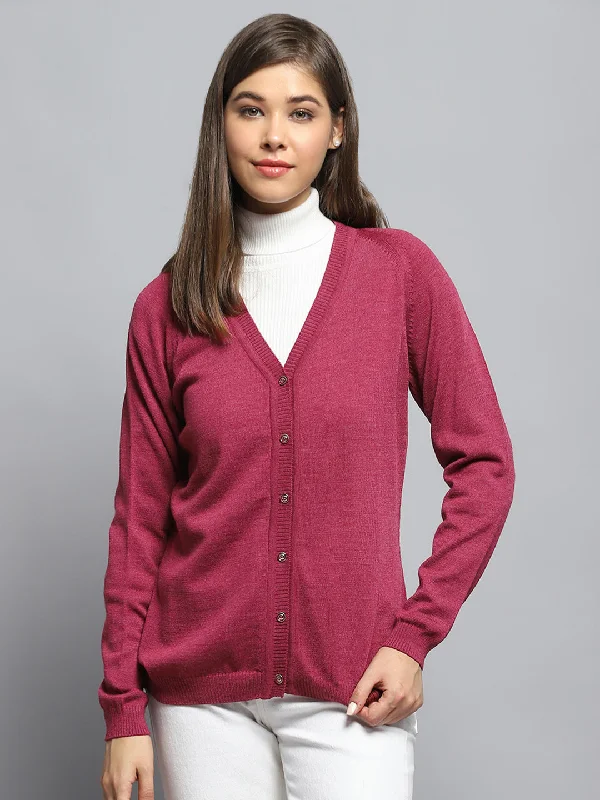 Women Rust Solid V Neck Full Sleeve Cardigan