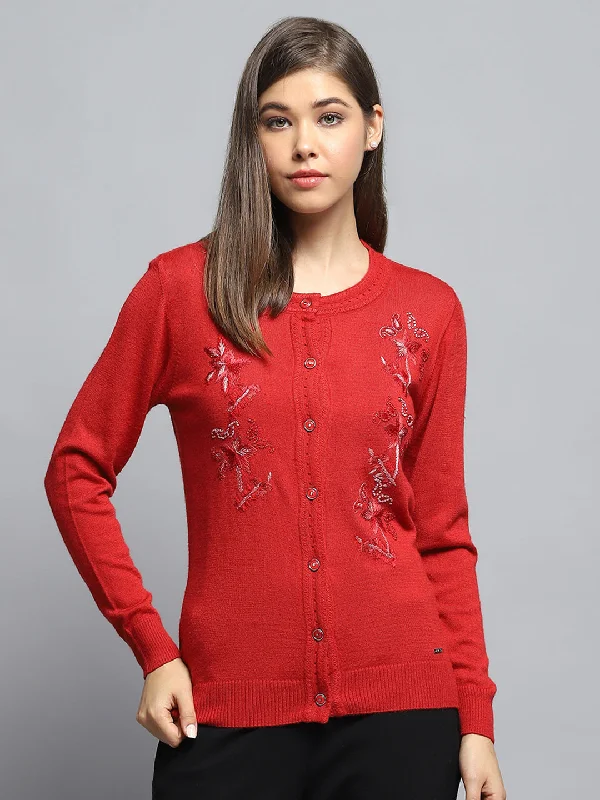 Women Red Self Design Round Neck Full Sleeve Cardigan