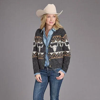 Stetson Women's Vintage Steer Head Cardigan in Charcoal