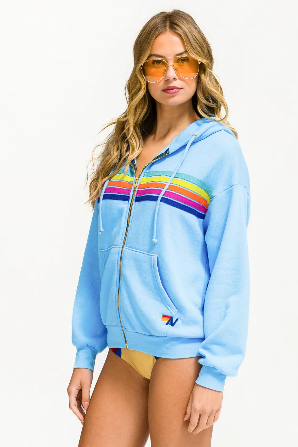 Aviator Nation 5 Stripe Relaxed Zip Hoodie Sky/Rainbow