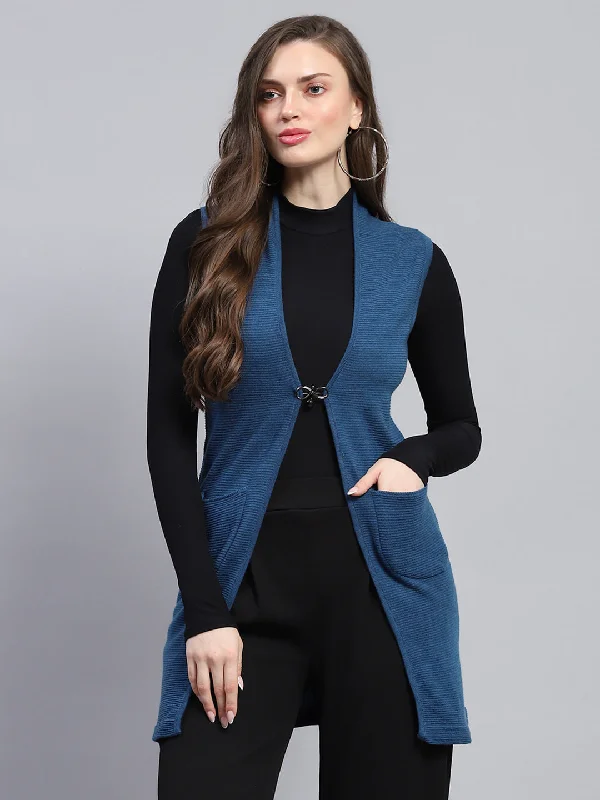 Women Blue Self Design V Neck Sleeveless Cardigan