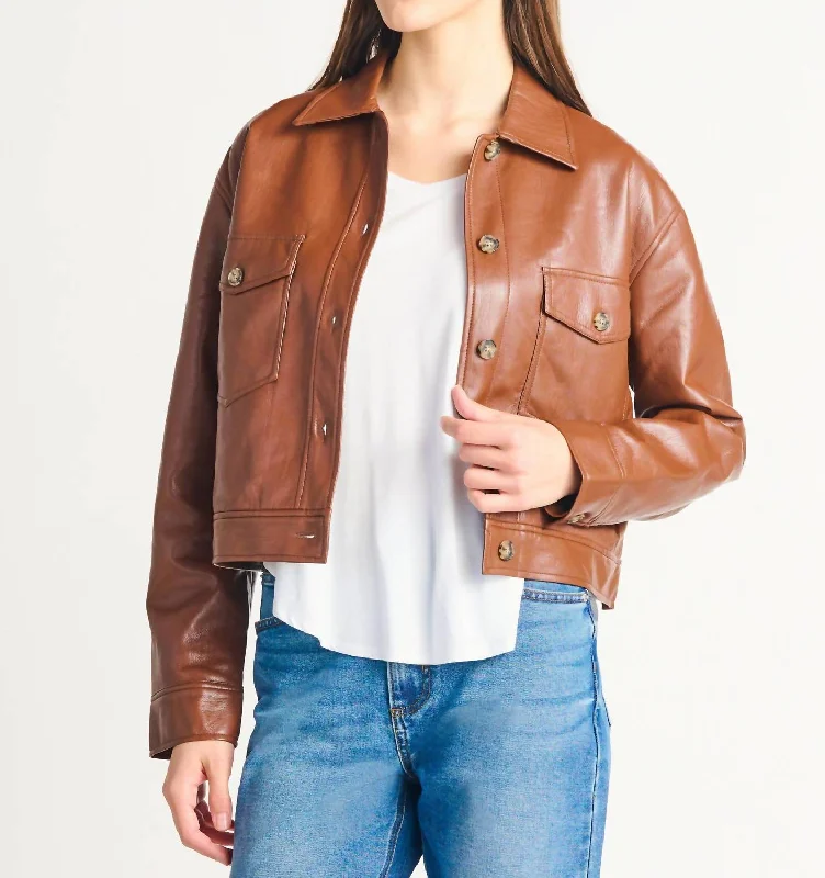 Button Front Faux Leather Jacket In Brown