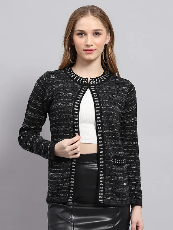 Women Black Self Design Round Neck Full Sleeve Cardigan