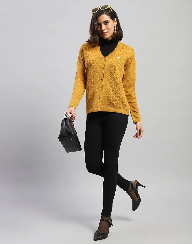 Women Yellow Self Design V Neck Full Sleeve Cardigan