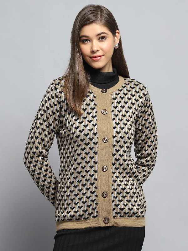 Women Beige Self Design Round Neck Full Sleeve Cardigan