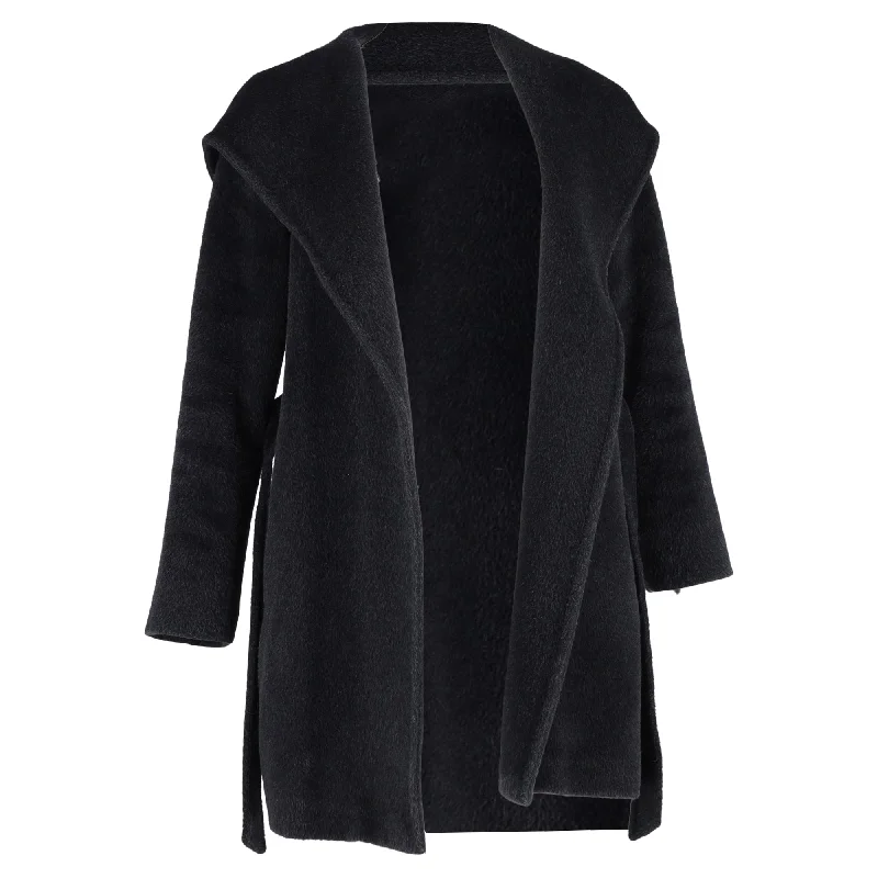 Max Mara Hooded Coat with Belt in Black Wool