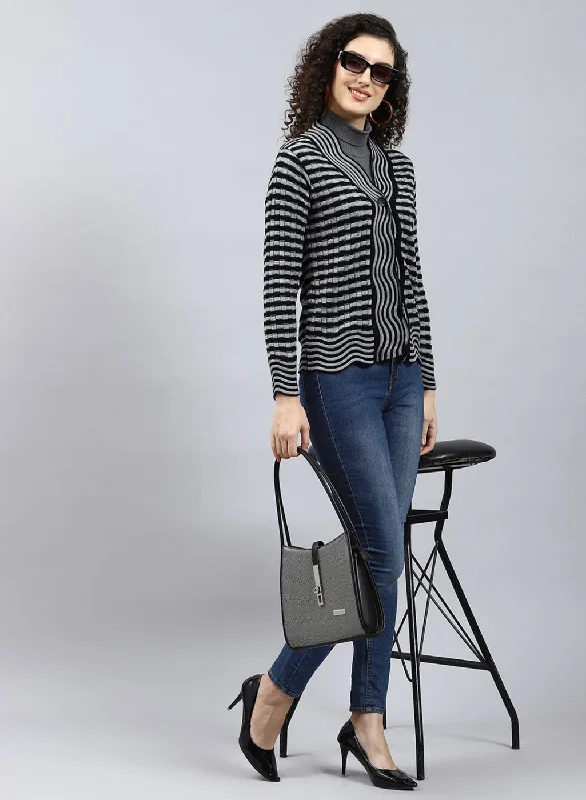 Women Black Stripe Wool blend Cardigan