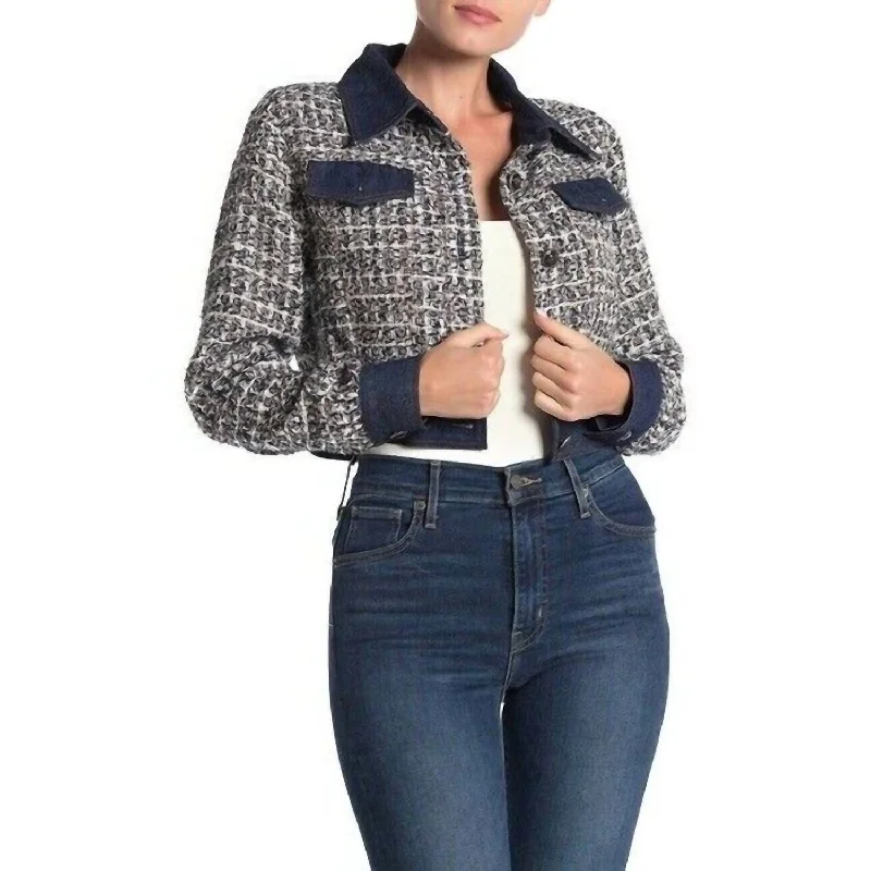 Tweed Glitter Contrast Denim Crop Jacket In Blue