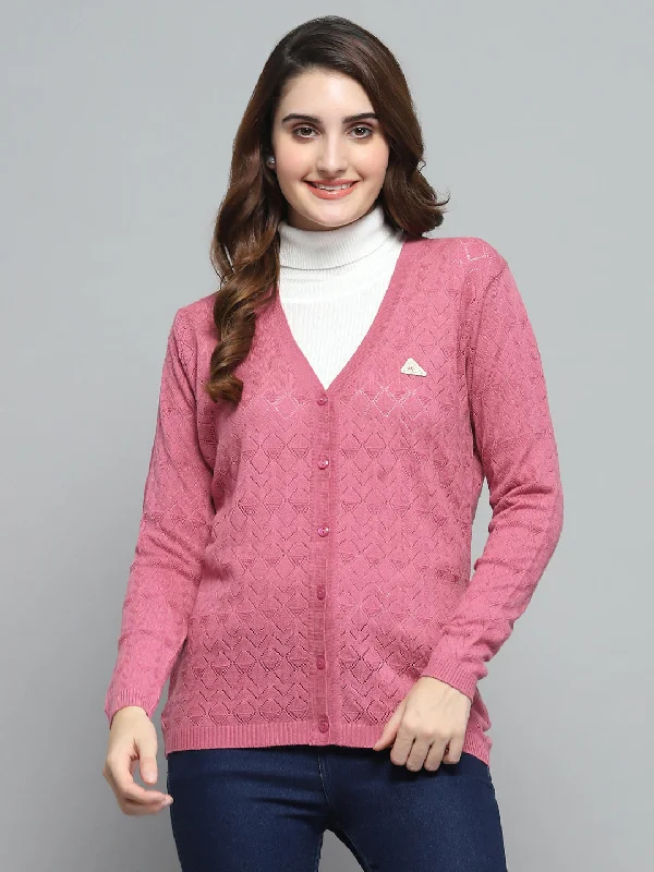 Women Pink Self Design V Neck Full Sleeve Cardigan