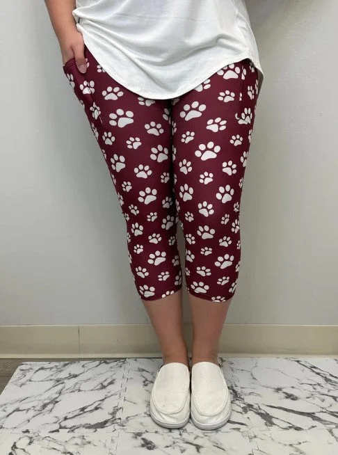 Maroon Paw Print Capri Leggings w/Pockets - #5044-5046