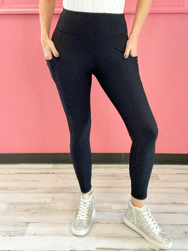 Black NYLON RIB YOGA LEGGINGS WITH SIDE POCKETS