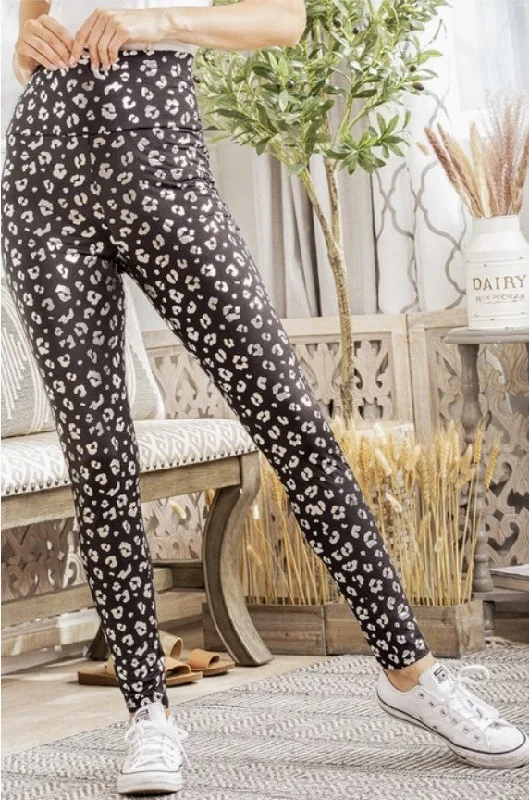 Black Shiny Animal Print Leggings - #8643-9648