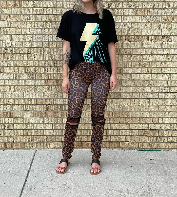 Leopard Leggings W/ Black Lace Knee In Brown