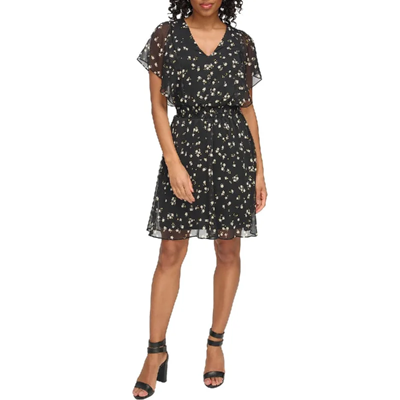 DKNY Womens V-Neck Floral Mini Dress