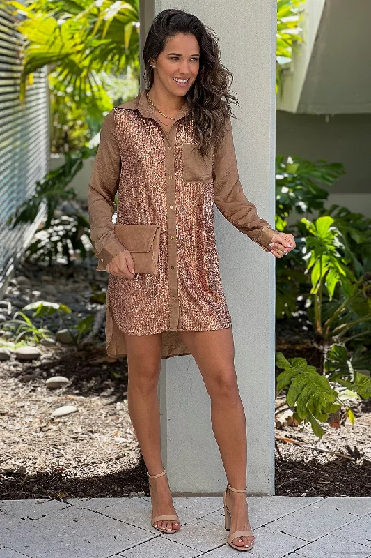 Latte Button Down Sequin Shirt Dress