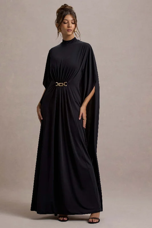 Olessia | Black Belted Gathered Cape-Sleeve Maxi Dress