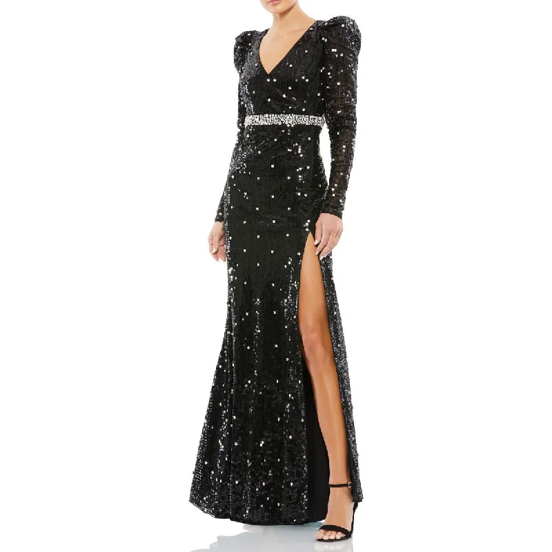 Mac Duggal Women's Sequined Puff Sleeve V-Neck High Slit Gown