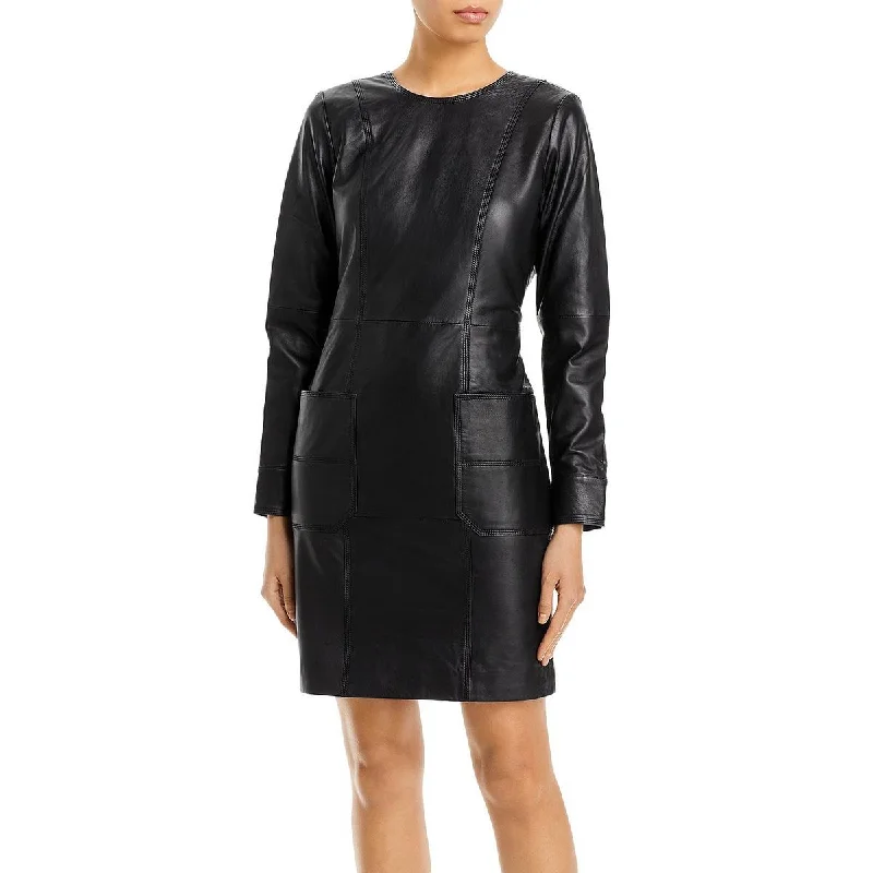 Remain Womens Hanna Lamb Leather Long Sleeves Shift Dress